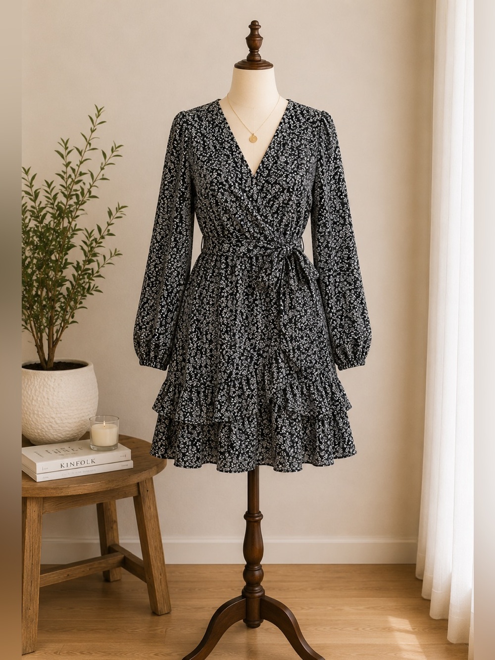 Japna Black White Floral Wrap Mini Dress Long Sleeve Ruffle Tie Waist Size S